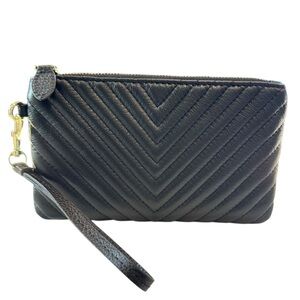 Befen Black Leather Wristlet Clutch Zippered Wallet Puff Channel Stitching